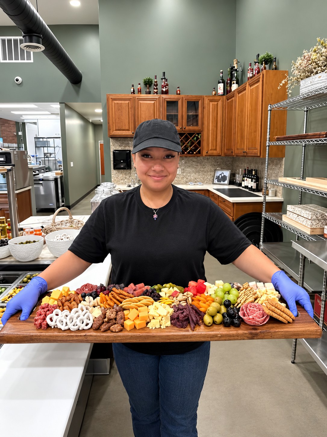 CharQterie team member in the kitchen presenting a large wooden board loaded with meats, cheeses, fruit, pickles and olives